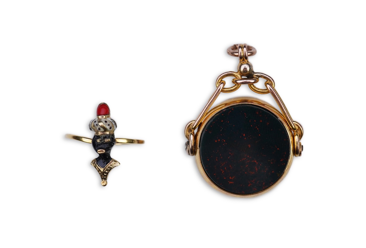 An enamel ring and a hardstone swivel fob seal